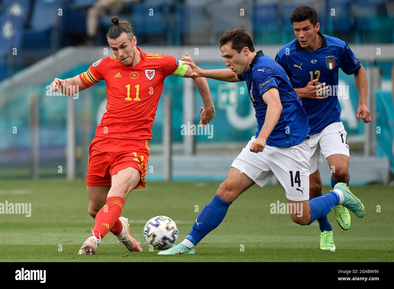 Roma, Italy. 20th June, 2021. Gareth Bale of Wales and Federico Chiesa of Italy compete for the ball during the Uefa Euro 2020 Group A football match between Italy and Wales at stadio Olimpico in Rome (Italy), June 20th, 2021. Photo Andrea Staccioli/Insidefoto Credit: insidefoto srl/Alamy Live News Stock Photo