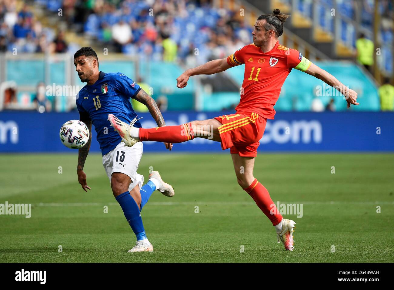 Roma, Italy. 20th June, 2021. Emerson Palmieri Dos Santos of Italy and Gareth Bale of Wales compete for the ball during the Uefa Euro 2020 Group A football match between Italy and Wales at stadio Olimpico in Rome (Italy), June 20th, 2021. Photo Andrea Staccioli/Insidefoto Credit: insidefoto srl/Alamy Live News Stock Photo