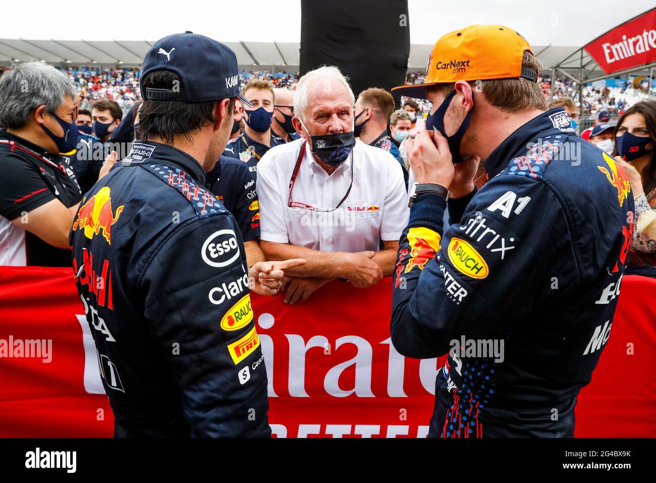 L To R Sergio Perez Mex Red Bull Racing With Dr Helmut Marko Aut Red Bull Motorsport Consultant And Max Verstappen Nld Red Bull Racing In Parc Ferme French Grand Prix Sunday L To R Sergio Perez Mex Red Bull Racing With Dr Helmut Marko Aut Red Bull Motorsport Consultant And Max Verstappen Nld Red Bull Racing In Parc Ferme French Grand Prix Sunday