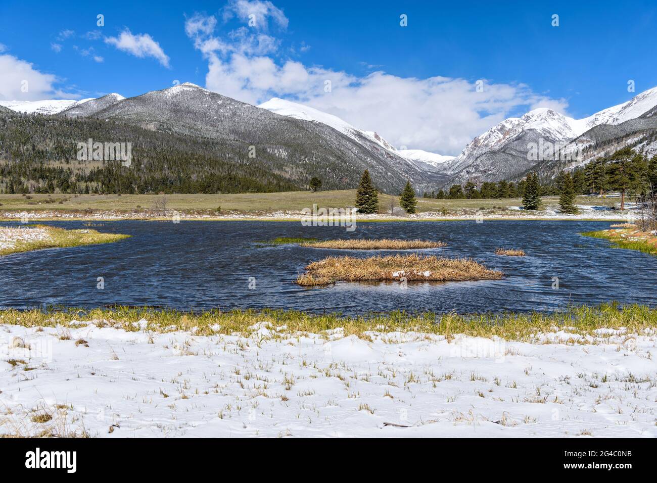 Sheep Lakes - A Spring morning view of Sheep Lakes after an overnight snow storm. Rocky Mountain National Park, Colorado, USA. Stock Photo