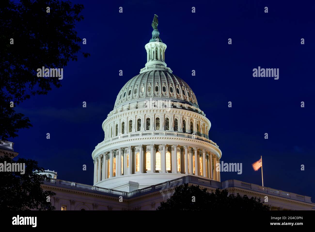 Capitol Dome at Night - A close-up night view of the dome of the U.S. Capitol Building. Washington, D.C., USA. Stock Photo