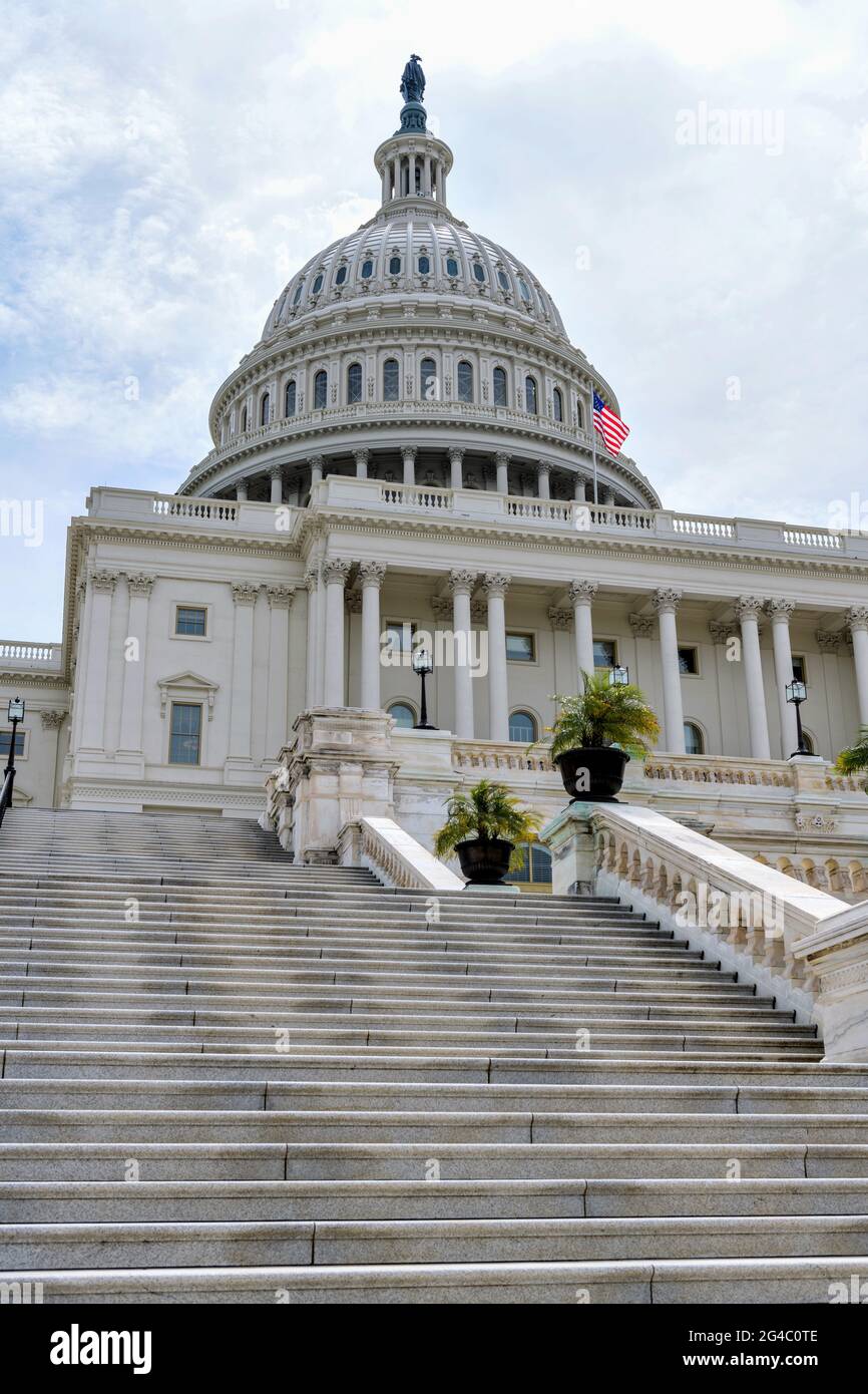 Capitol Hill - Steep and broad marble steps at west-front of the U.S. Capitol Building. Washington, D.C., USA. Stock Photo