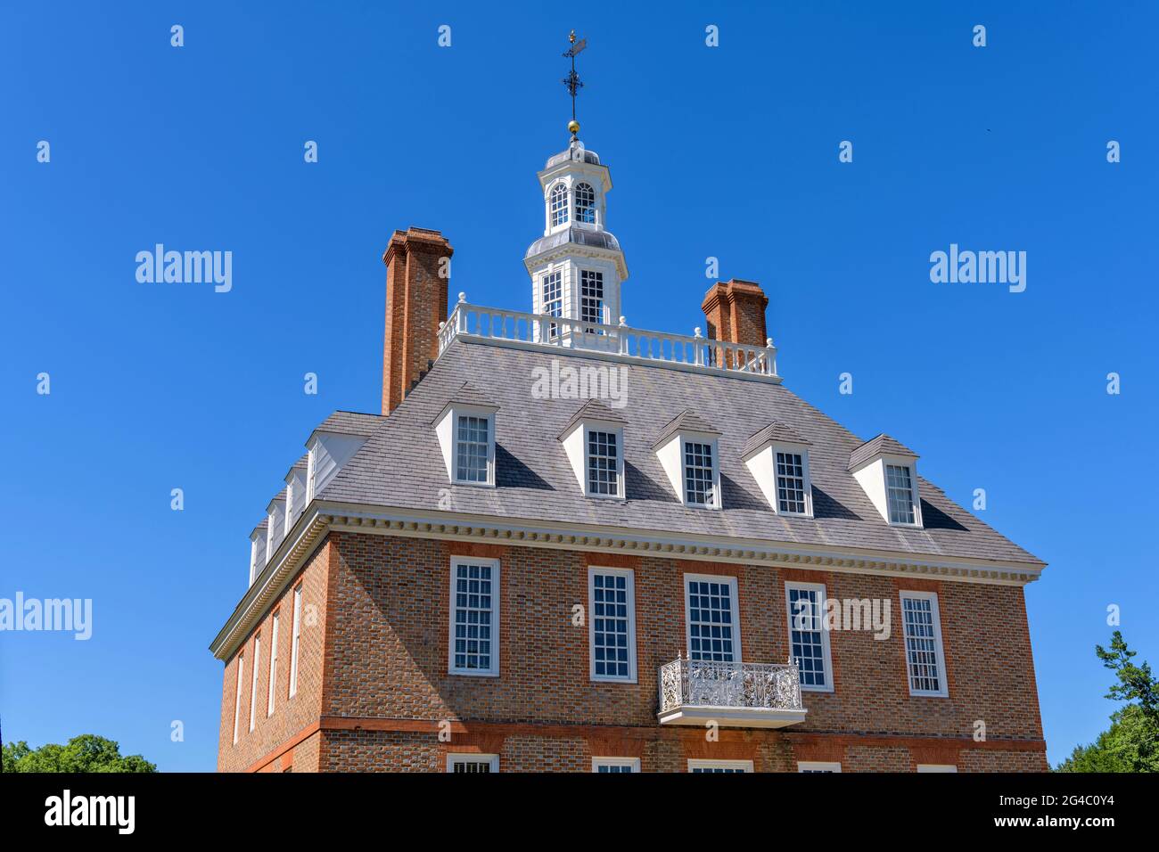 Governor's Palace - A close-up view of the upper façade and bell tower of the Governor's Palace, Williamsburg, Virginia, USA. Stock Photo