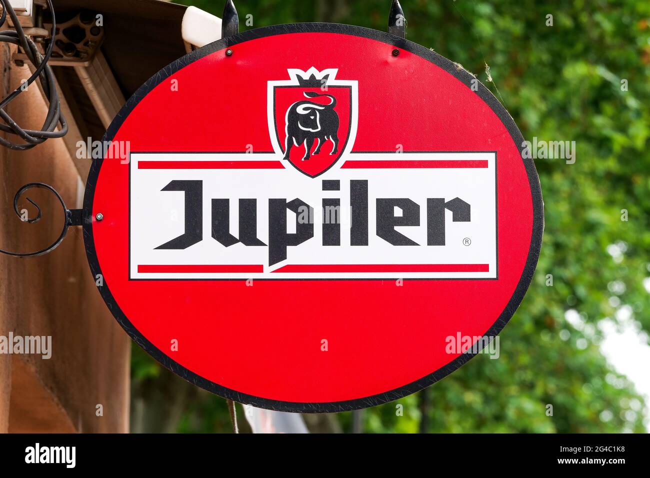 Sign for Jupiler beer, Tournon, Rhône Valley, AURA, France Stock Photo