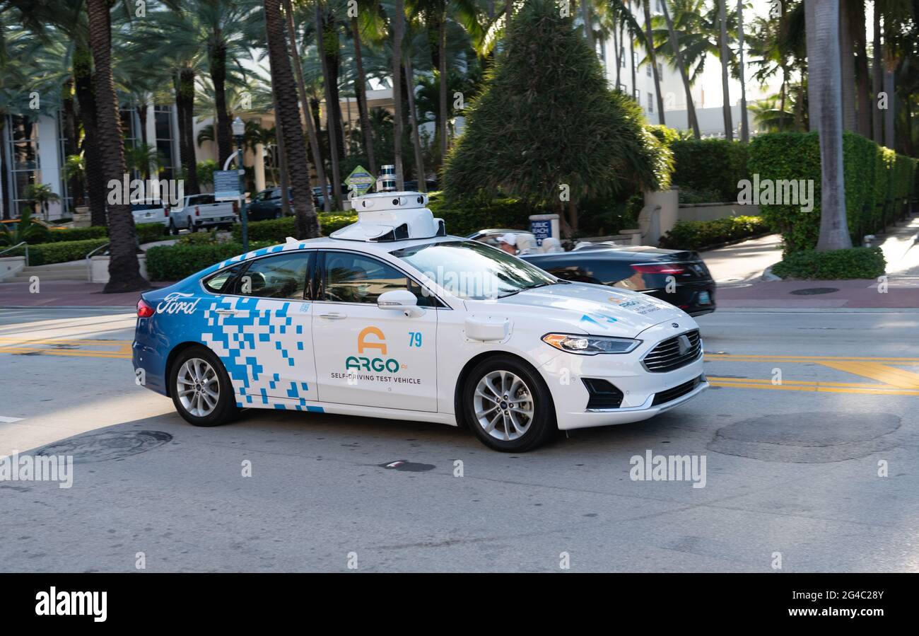 Miami Beach, Florida USA - April 15, 2021: ford argo self-driving test vehicle side view Stock Photo