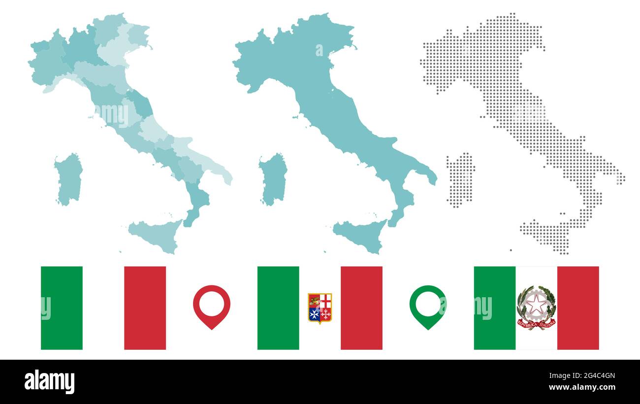 Vector map of Italy with flags, Map of Italy with regions and points, Italian flag, Italian flag with maritime republics, Italian flag Stock Vector