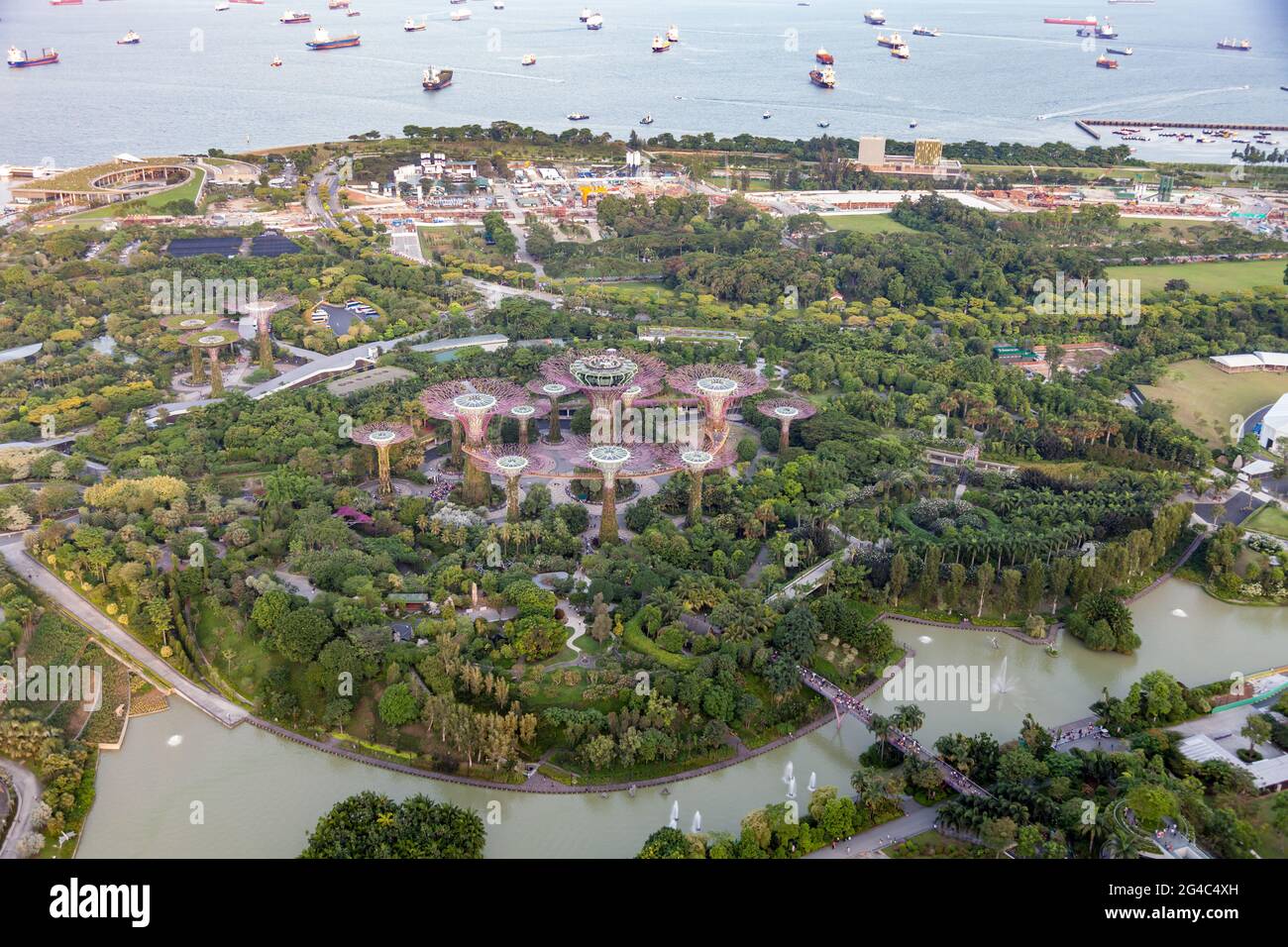 Aerial view of the Gardens by the Bay in Singapore, featuring the Supertree Grove. Stock Photo