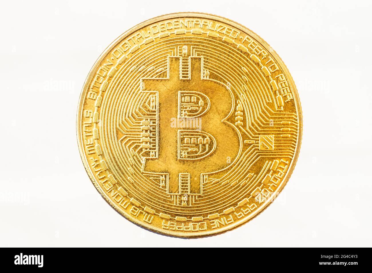 Cryptocurrency golden bitcoin coin on white background, electronic virtual  money for web banking and international network payment, Currency Technolog  Stock Photo - Alamy