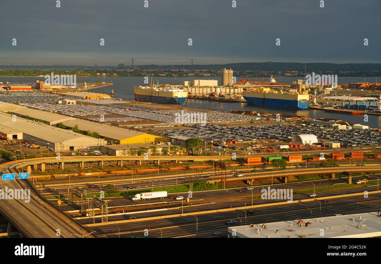 NEWARK, NJ -12 JUN 2021- Aerial view of roro roll-on/roll-off ships ...