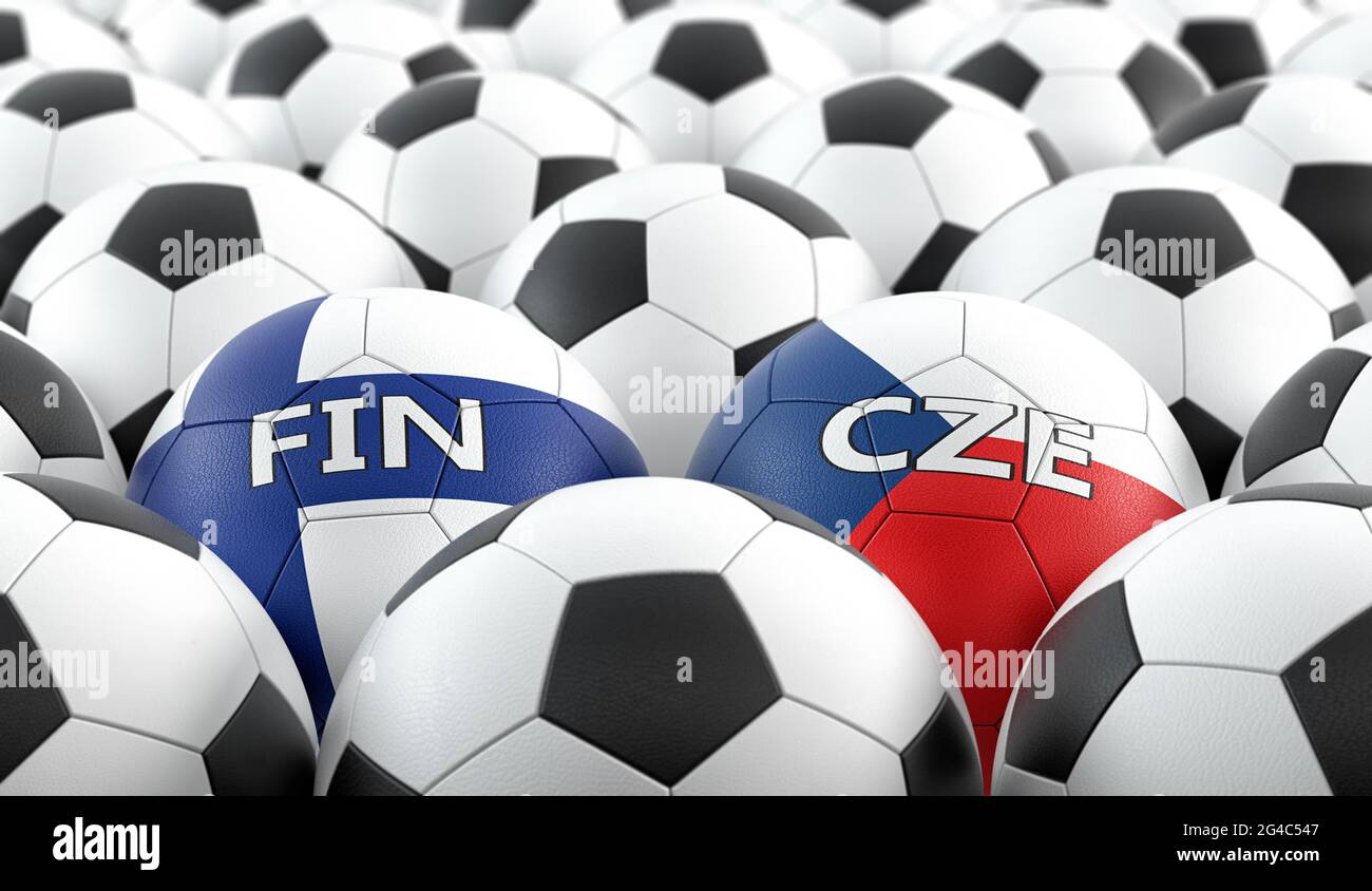 Czech Republic vs. Finland Soccer Match - Leather balls in Czech Republic and Finland national colors. 3D Rendering Stock Photo