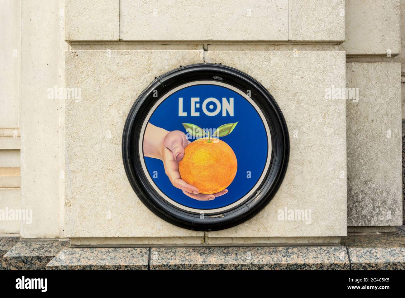 A sign on a Leon restaurant. Stock Photo