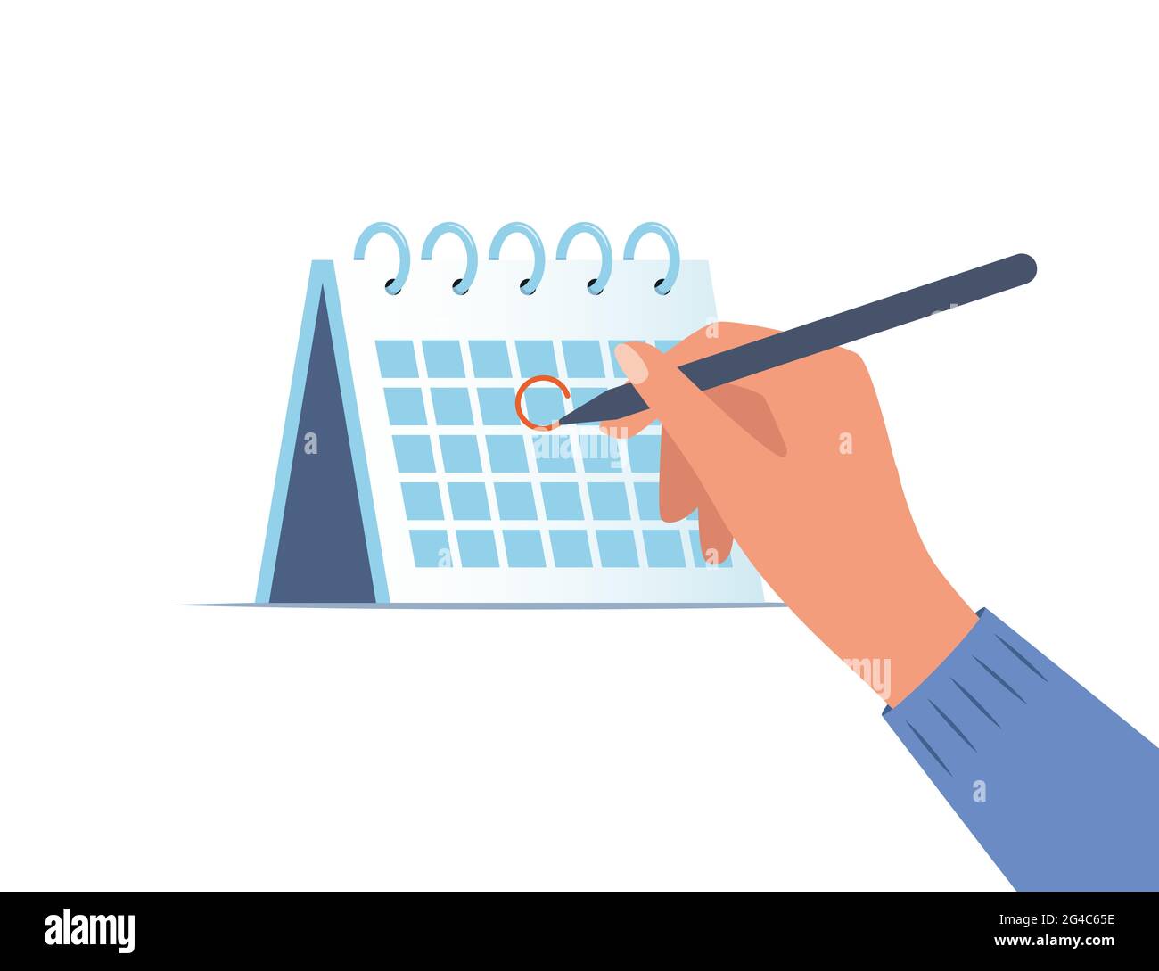 Hand with pen and calendar. Person draws red mark around a date in the calendar. Desktop calendar with a marked date. Mark calendar. Date circled. Dea Stock Vector