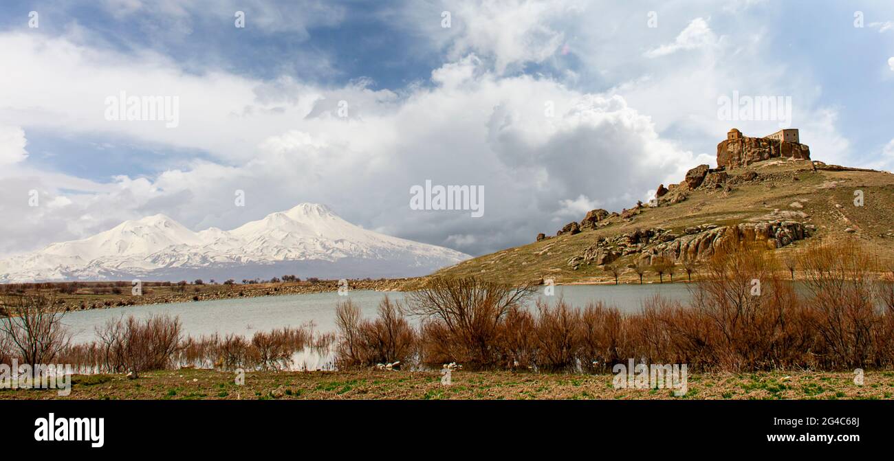 Byzantine monastery known as Yuksek Monastery with the two peaks of