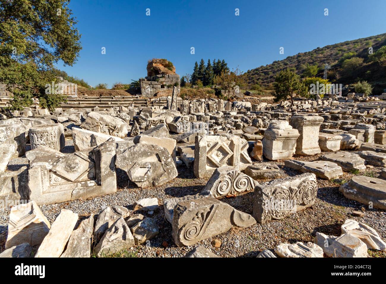 Archaeological artifacts in the ruins the Roman city of Ephesus, Selcuk, Turkey Stock Photo