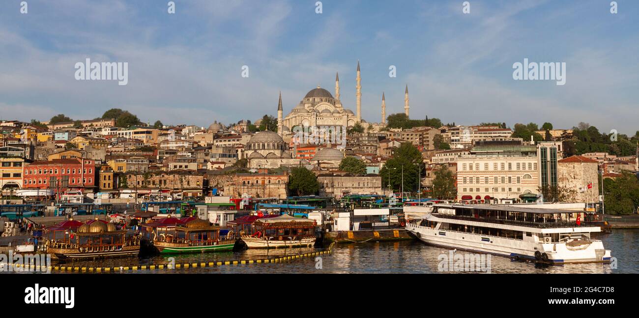 Skyline of Istanbul with Suleymaniye Mosque from Golden Horn, Istanbul, Turkey Stock Photo