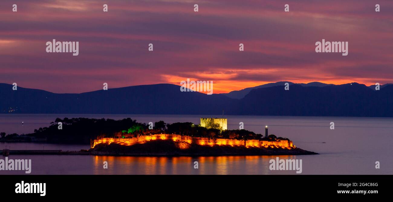 View over the Pigeon Island at night known also as Kusadasi on the Aegean Sea, Kusadasi, Turkey Stock Photo