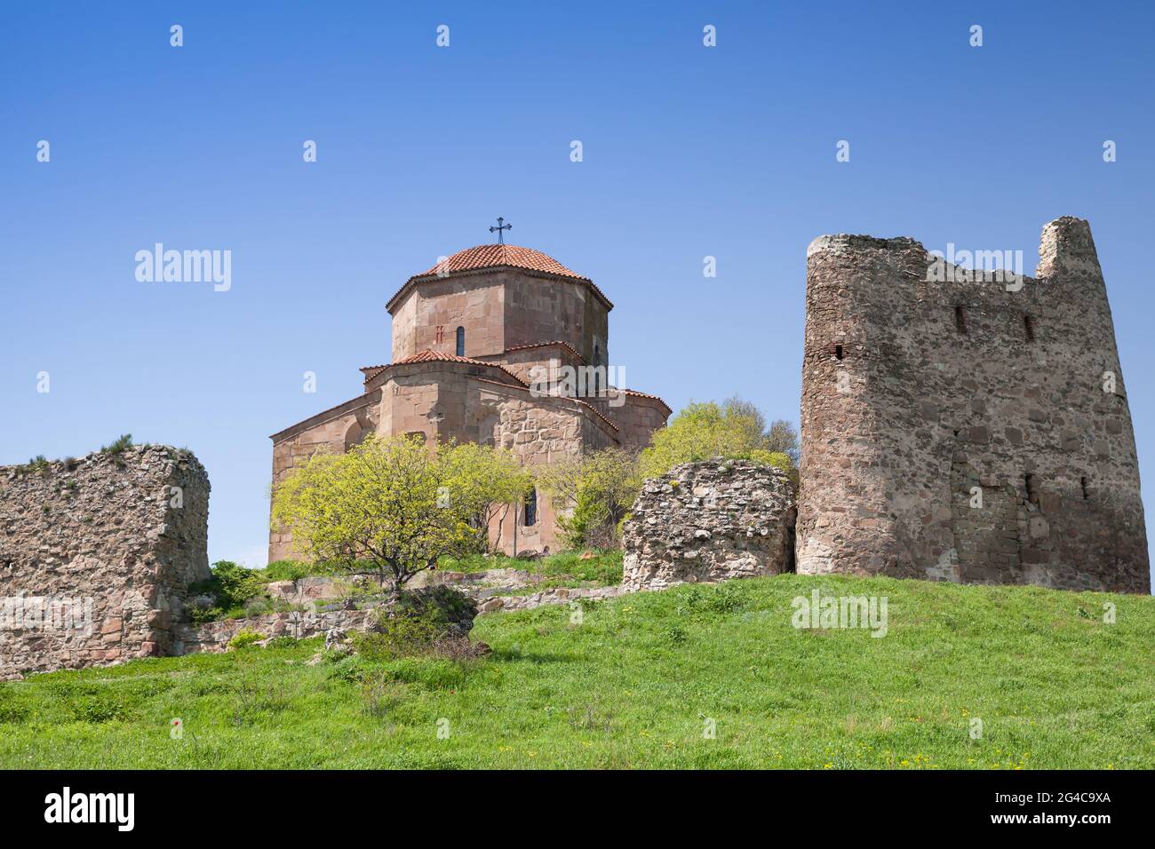 Jvari Monastery, it is a sixth-century Georgian Orthodox monastery located on the mountain peak near Mtskheta, Georgia Stock Photo