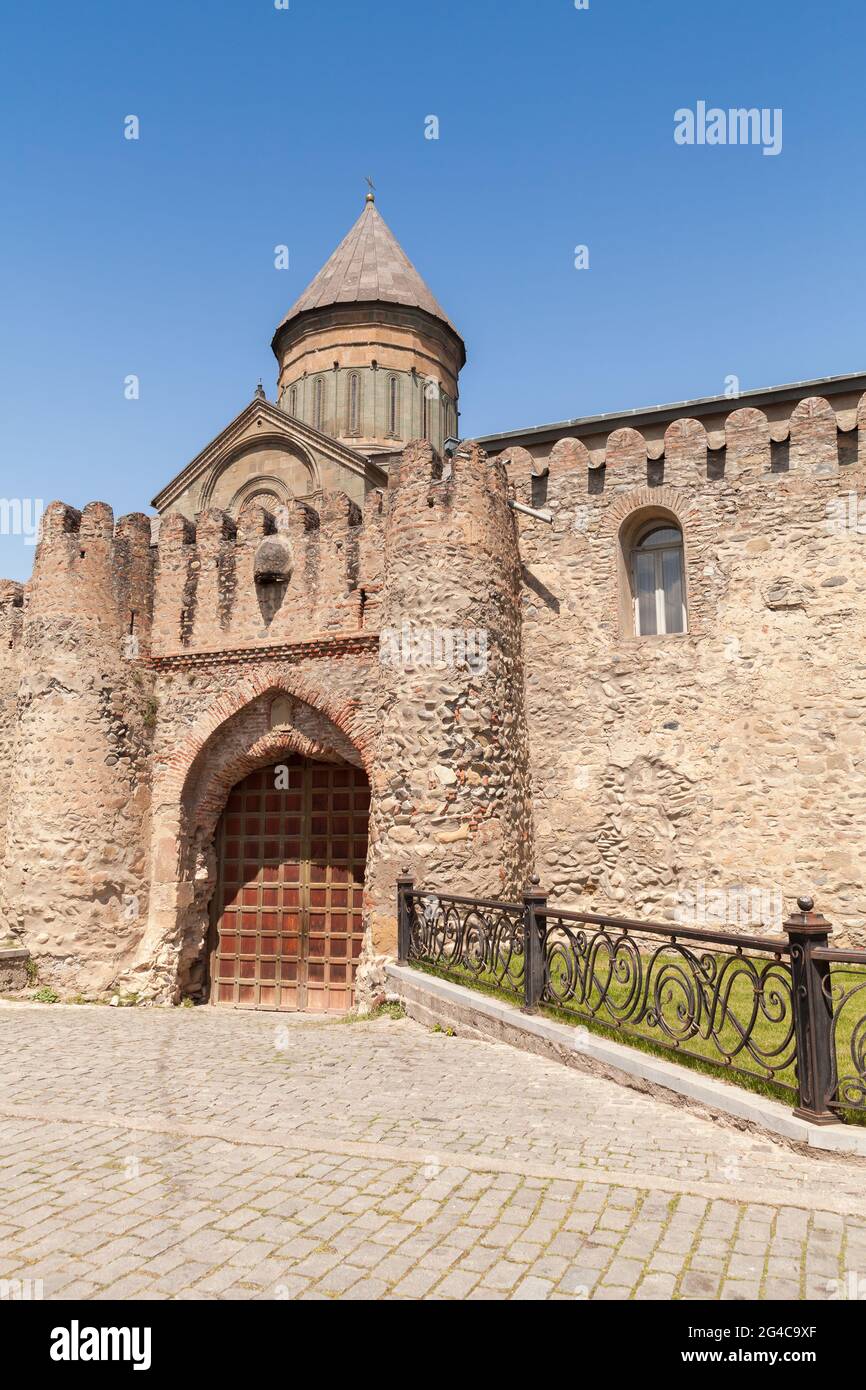 Transfiguration Church is behind closed gates of Samtavro Monastery. Mtskheta, Georgia Stock Photo