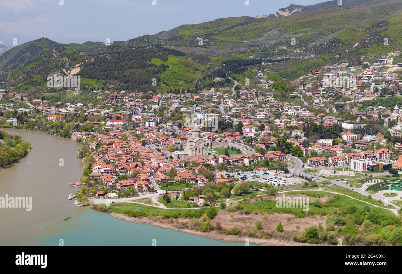 Landscape of Mtskheta town on a sunny day. It is one of the oldest cities of Georgia and its former Capital city Stock Photo