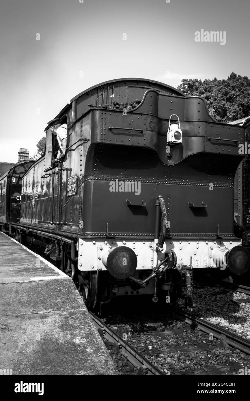Black and white of railway at platform Stock Photo