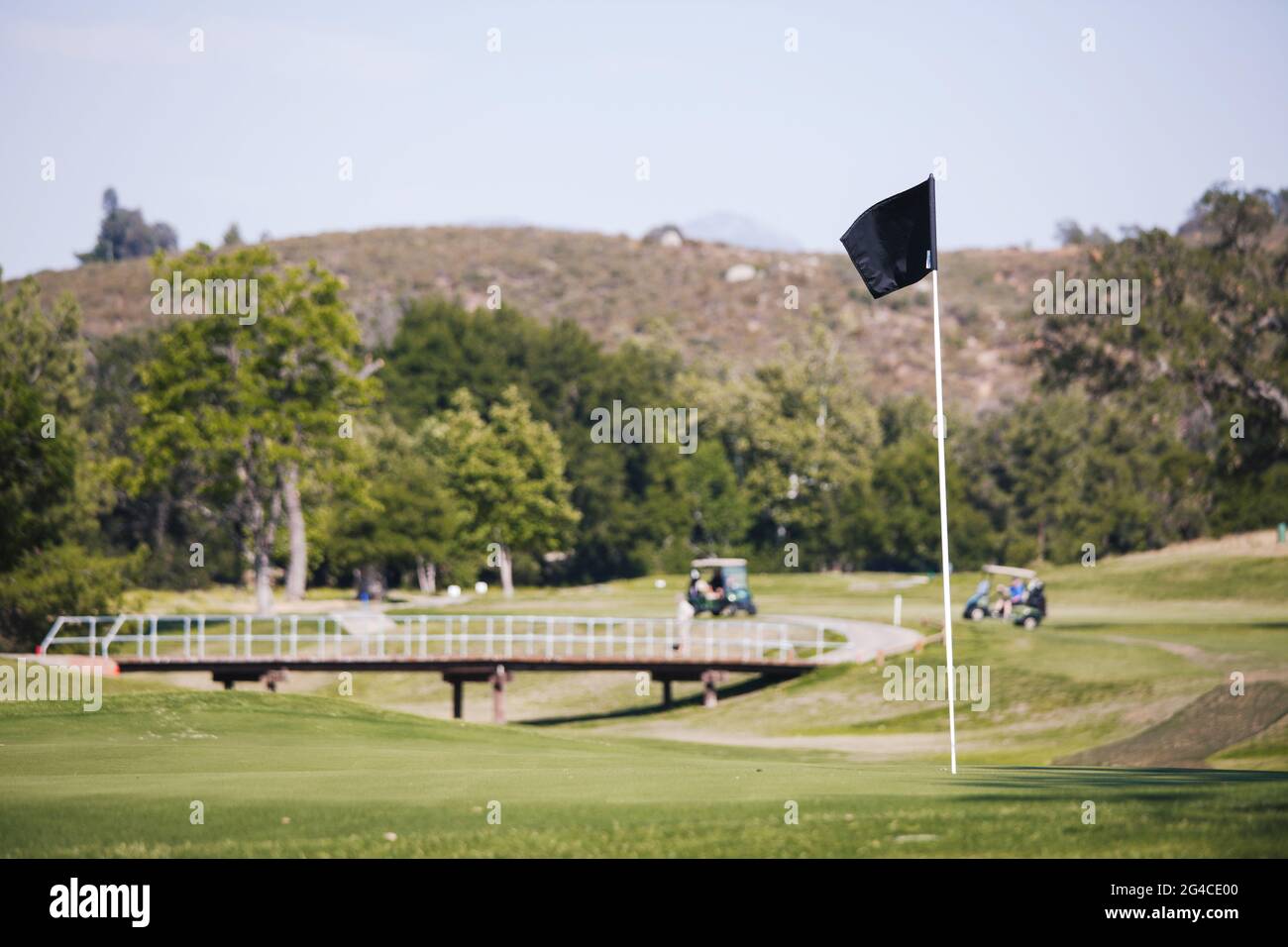 Golf course - green loan with golf carts, bridges, landscaping, clubs and golfers. Stock Photo