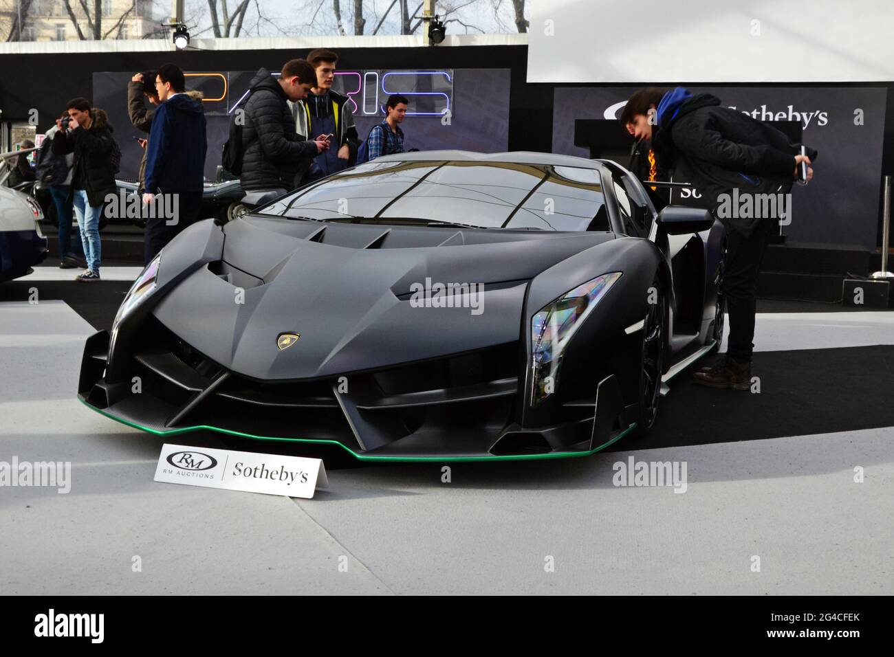 Paris, France - February 3, 2020: RM Sotheby's Paris 2020 at the Invalides in Paris. Focus on the lot 153 : black 2015 Lamborghini Veneno Roadster. Stock Photo