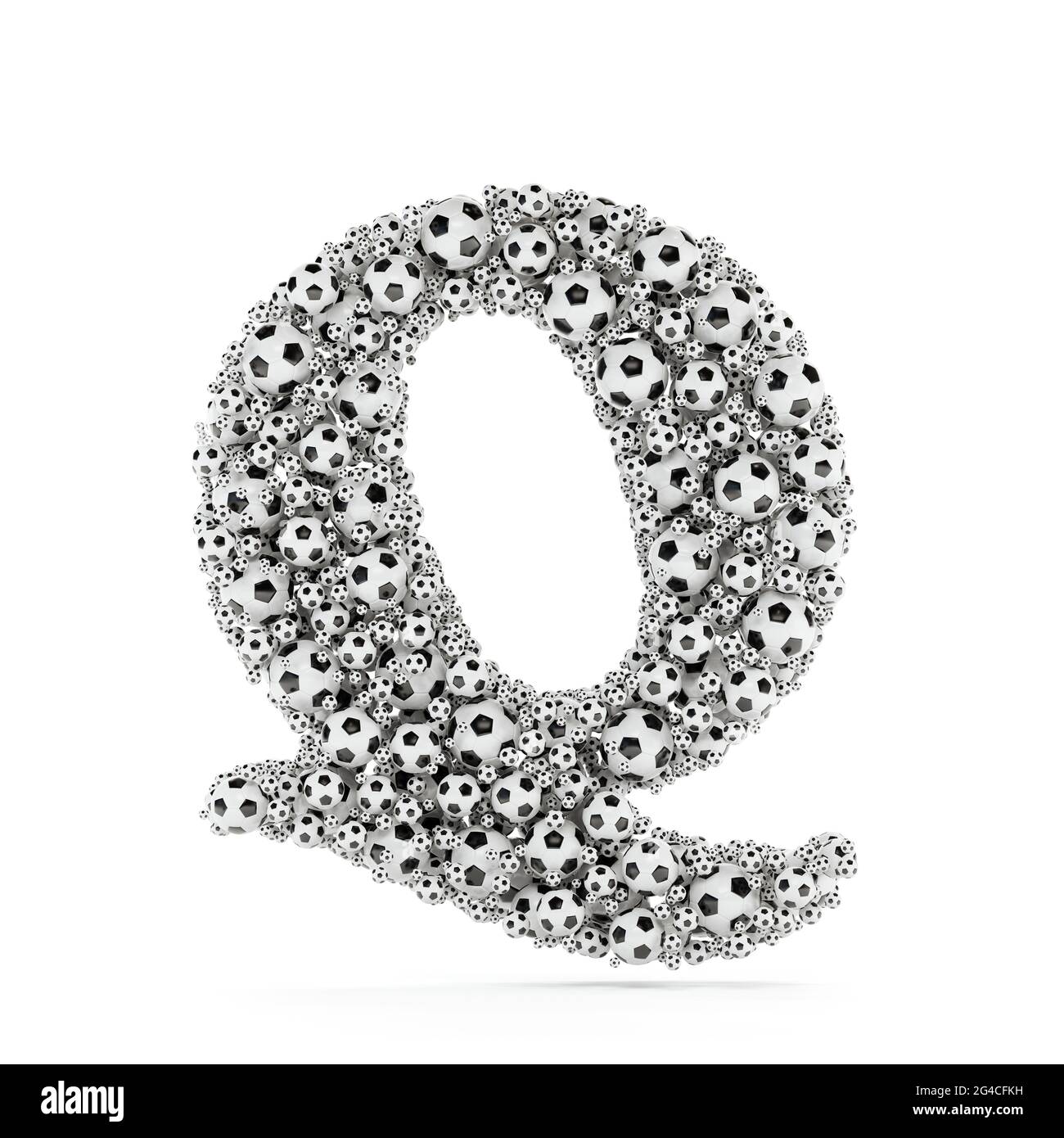 Q letter with soccer football balls. Realistic 3d rendering