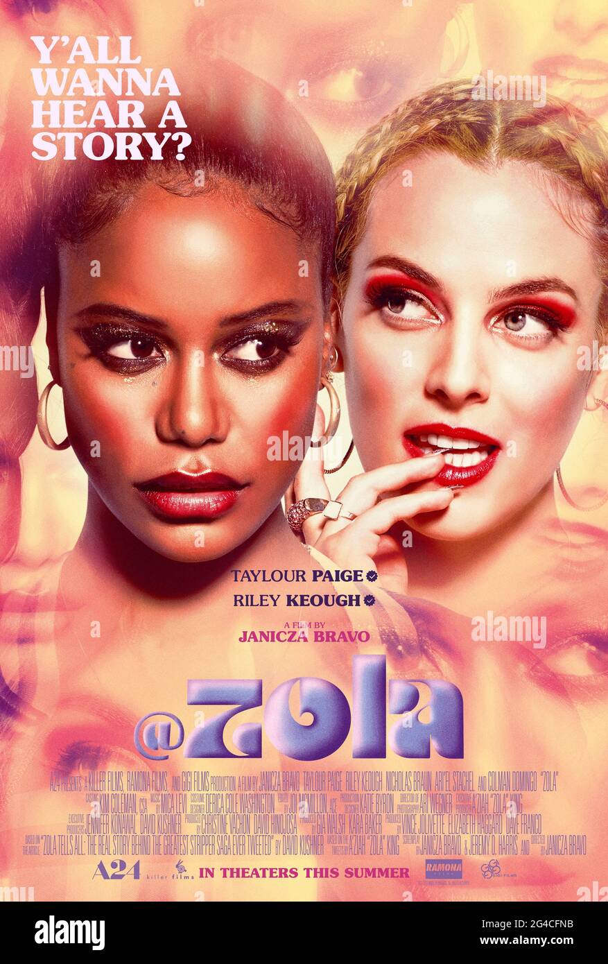 Zola (2020) directed by Janicza Bravo and starring Taylour Paige, Riley Keough and Colman Domingo. A stripper named Zola embarks on a wild road trip to Florida inspired by Detroit waitress A'Ziah 'Zola' King's popular Twitter feed. Stock Photo