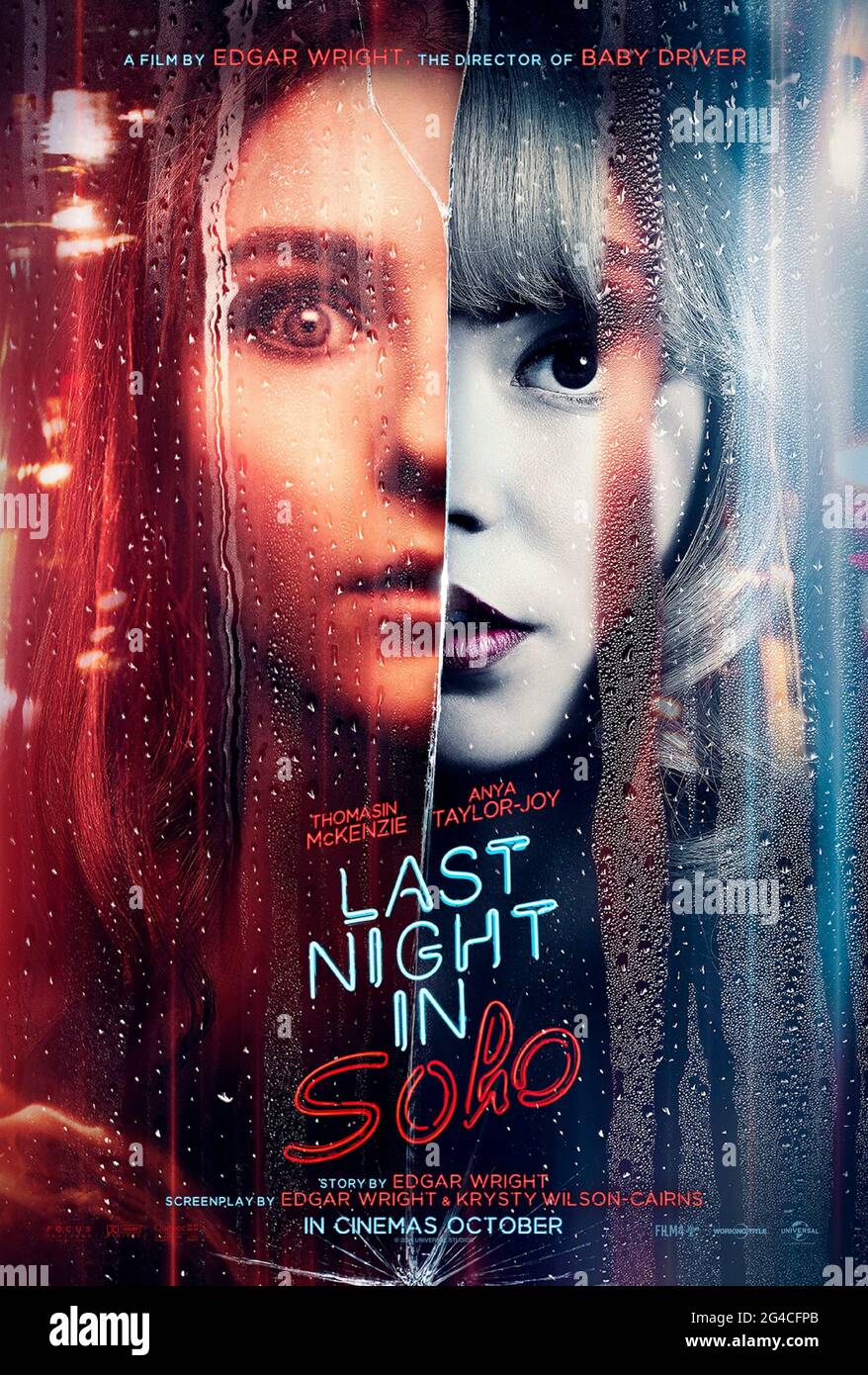 Last Night in Soho (2021) directed by Edgar Wright and starring Anya Taylor-Joy, Thomasin McKenzie and Jessie Mei Li. A young fashion designer connects across time with a singer in the 1960s with unexpected consequences. Stock Photo