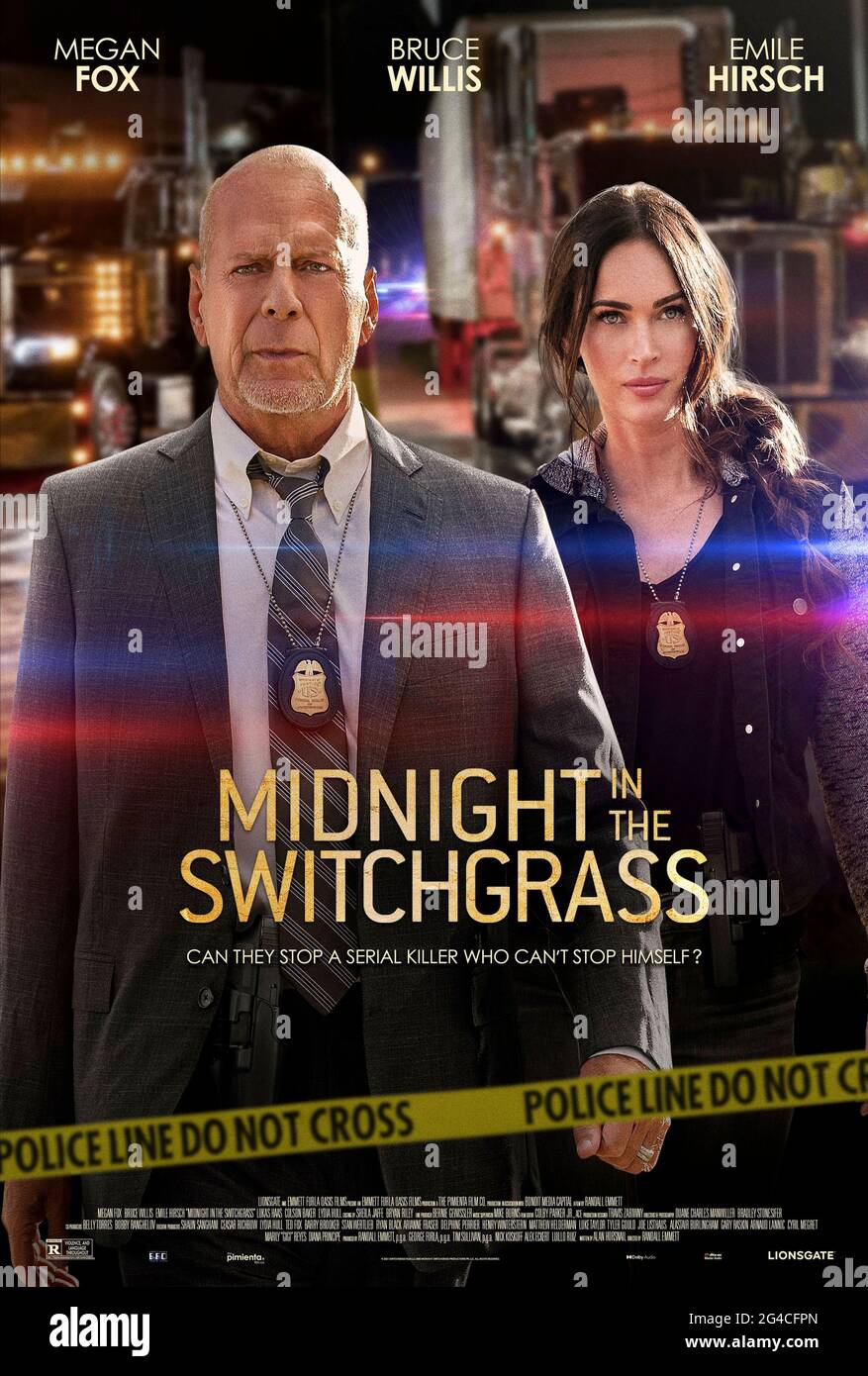 Midnight in the Switchgrass (2021) directed by Randall Emmett and starring Megan Fox, Bruce Willis and Emile Hirsch. An FBI agent and Florida State officer team up to investigate a string of unsolved murder cases. Stock Photo