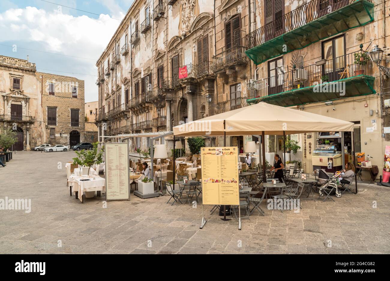 Palermo, Sicily, Italy - October 6, 2017: Bologni square with Alliata Villafranca palace and outdoor bar in the historic center of Palermo, Sicily, It Stock Photo