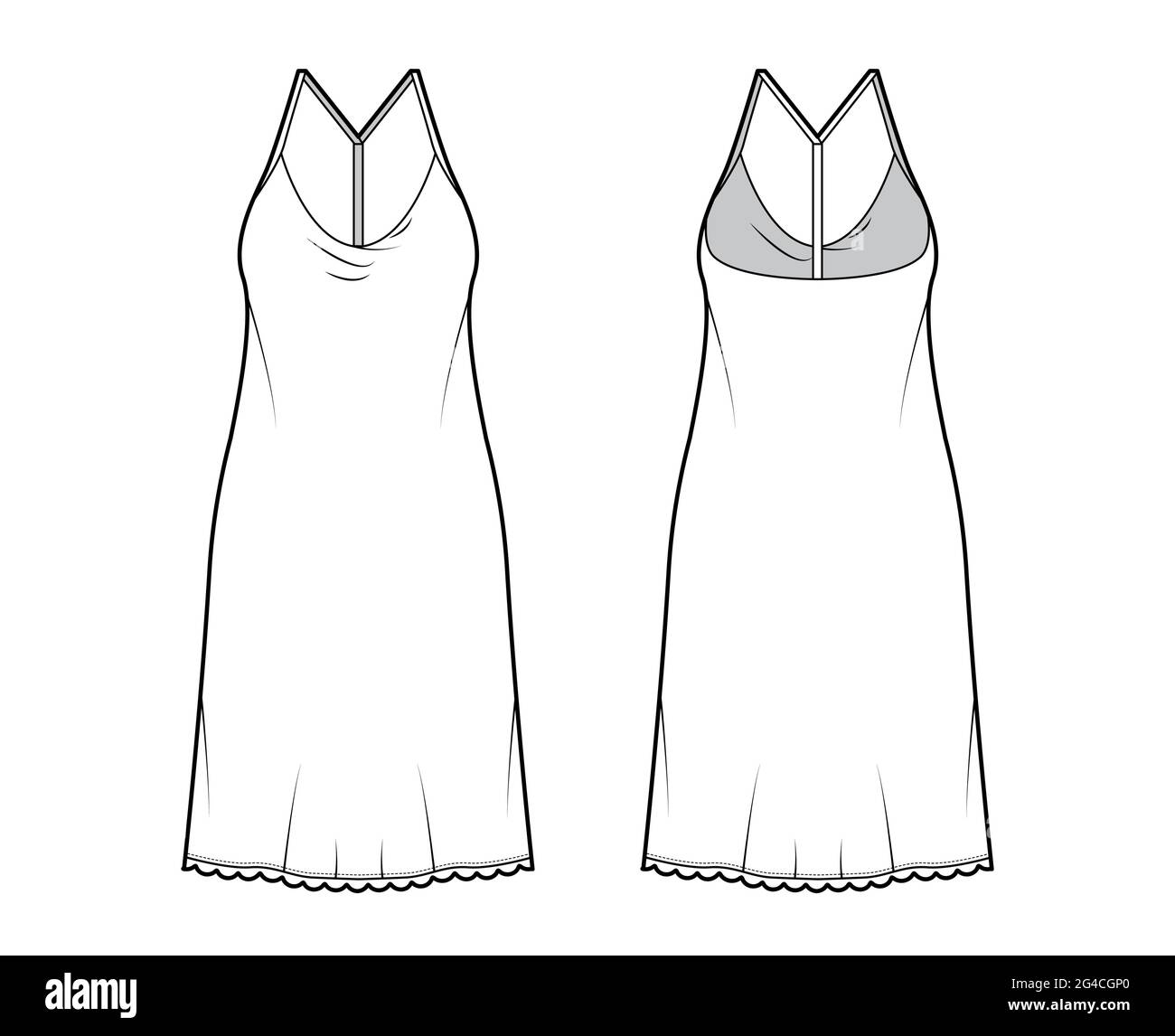 Dress slip technical fashion illustration with oversized body, knee length pencil skirt, racerback. Flat apparel front, back, white color style. Women Stock Vector