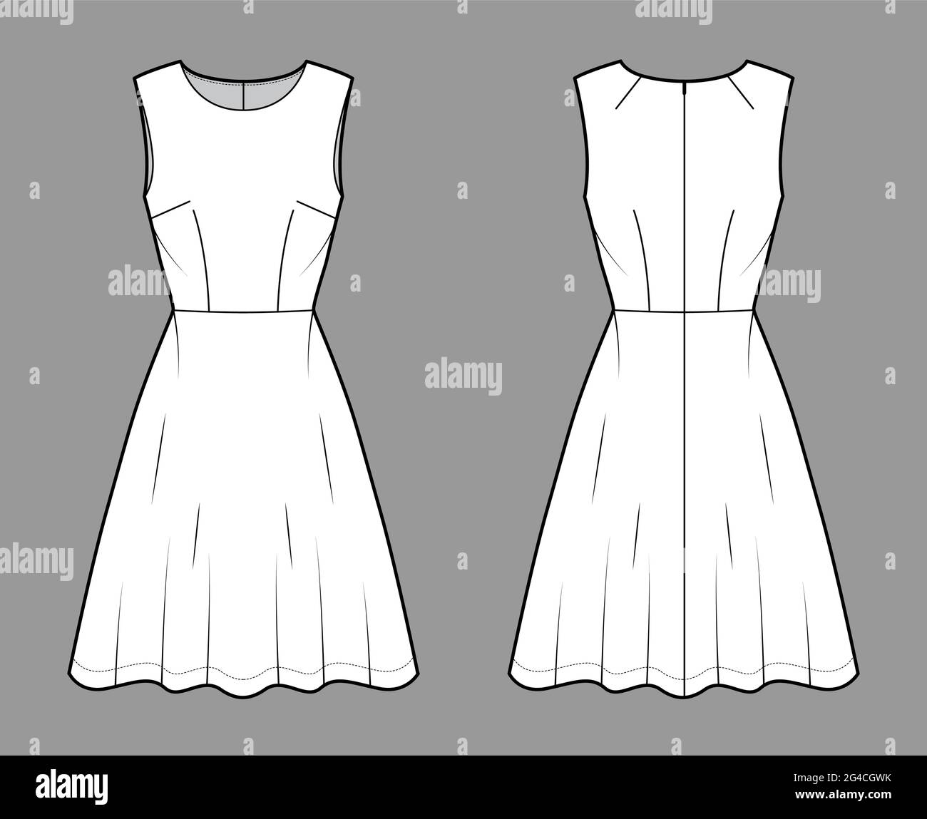 Dress flared skater technical fashion illustration with sleeveless, fitted body, knee length semi-circular skirt. Flat apparel front, back, white colo Stock Vector