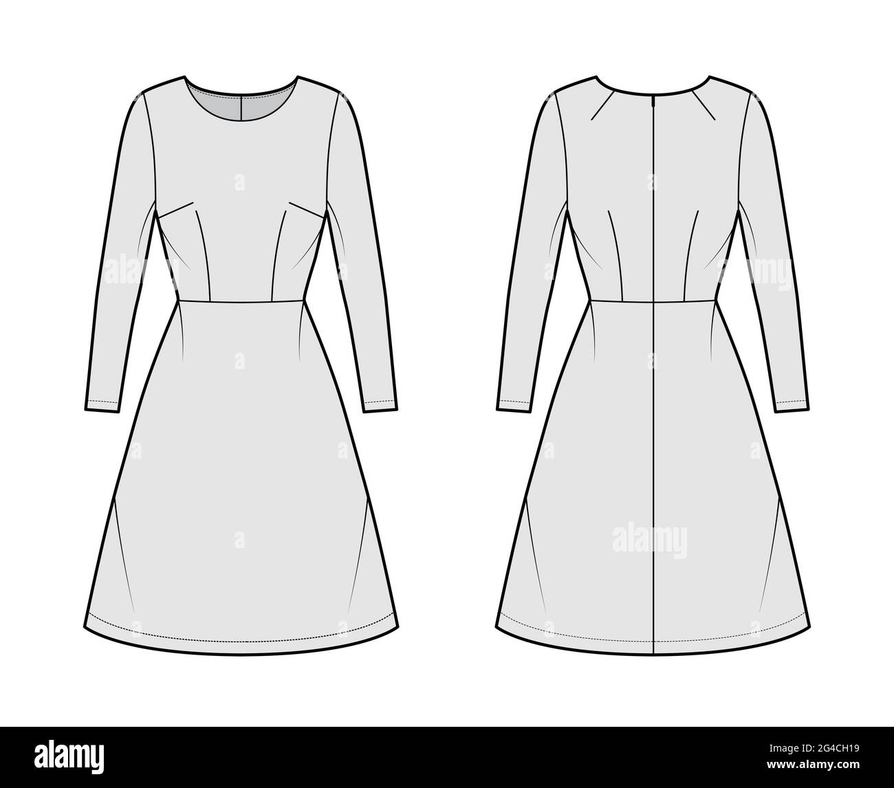 Dress A-line technical fashion illustration with long sleeves, fitted ...
