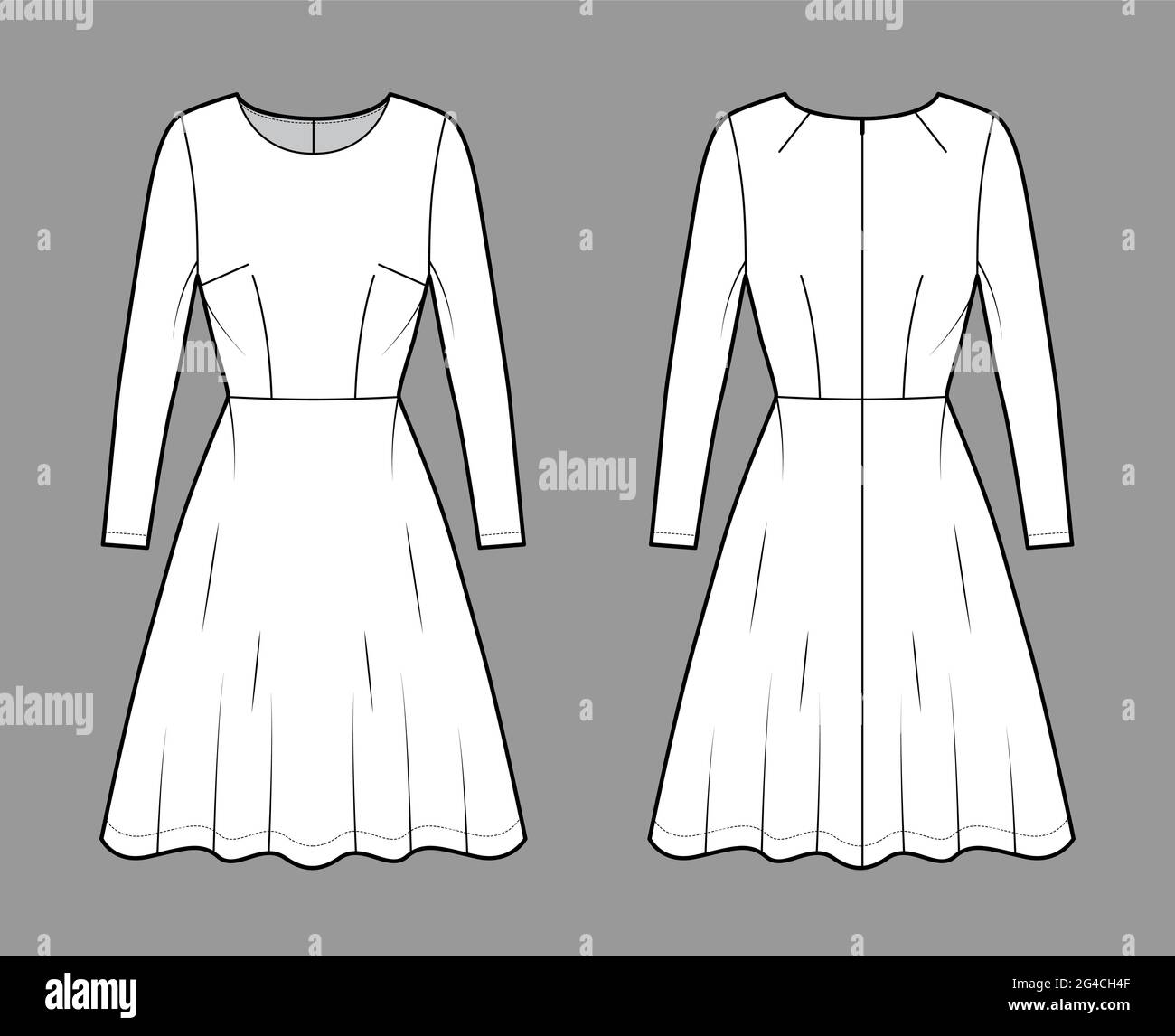 Dress flared skater technical fashion illustration with long sleeves, fitted body, knee length semi-circular skirt. Flat apparel front, back, white co Stock Vector