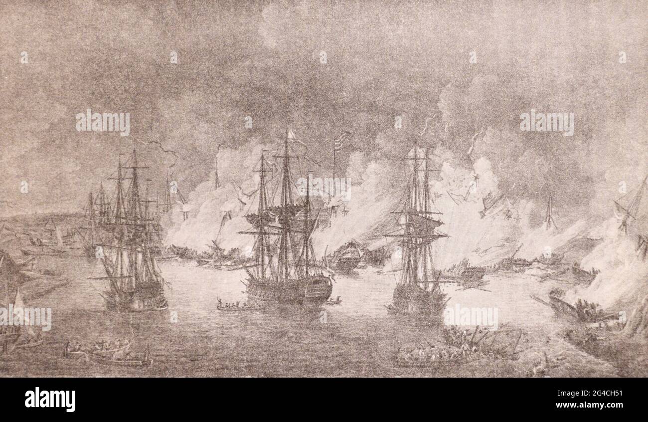 Destruction of the Turkish fleet by a Russian squadron in the Chesme Bay on the night of June 25-26, 1770. Stock Photo