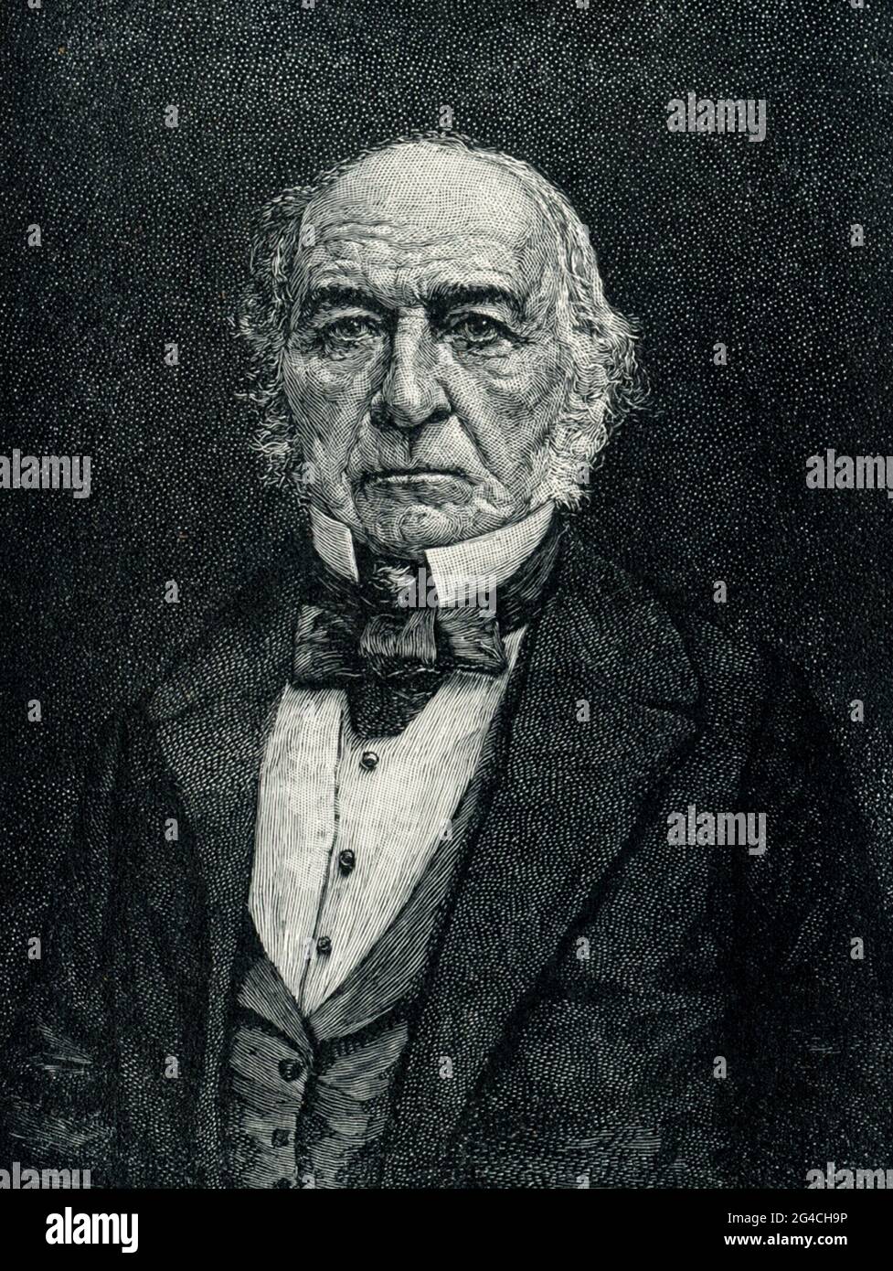 This 1899 illustration shows William Ewart Gladstone. Gladstone was a British statesman and Liberal politician. In a career lasting over 60 years, he served for 12 years as Prime Minister of the United Kingdom, spread over four terms beginning in 1868 and ending in 1894. Stock Photo