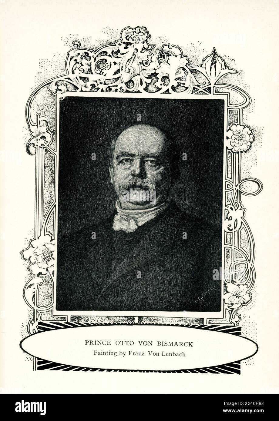 This 1899 illustration shows Prince Otto von Bismarck, as painted by Franz Seraph Lenbach, after 1882, Ritter von Lenbach. Lenbach was a German painter known primarily for his portraits of prominent personalities from the nobility, the arts, and industry. Because of his standing in society, he was often referred to as the 'Malerfürst'. Stock Photo