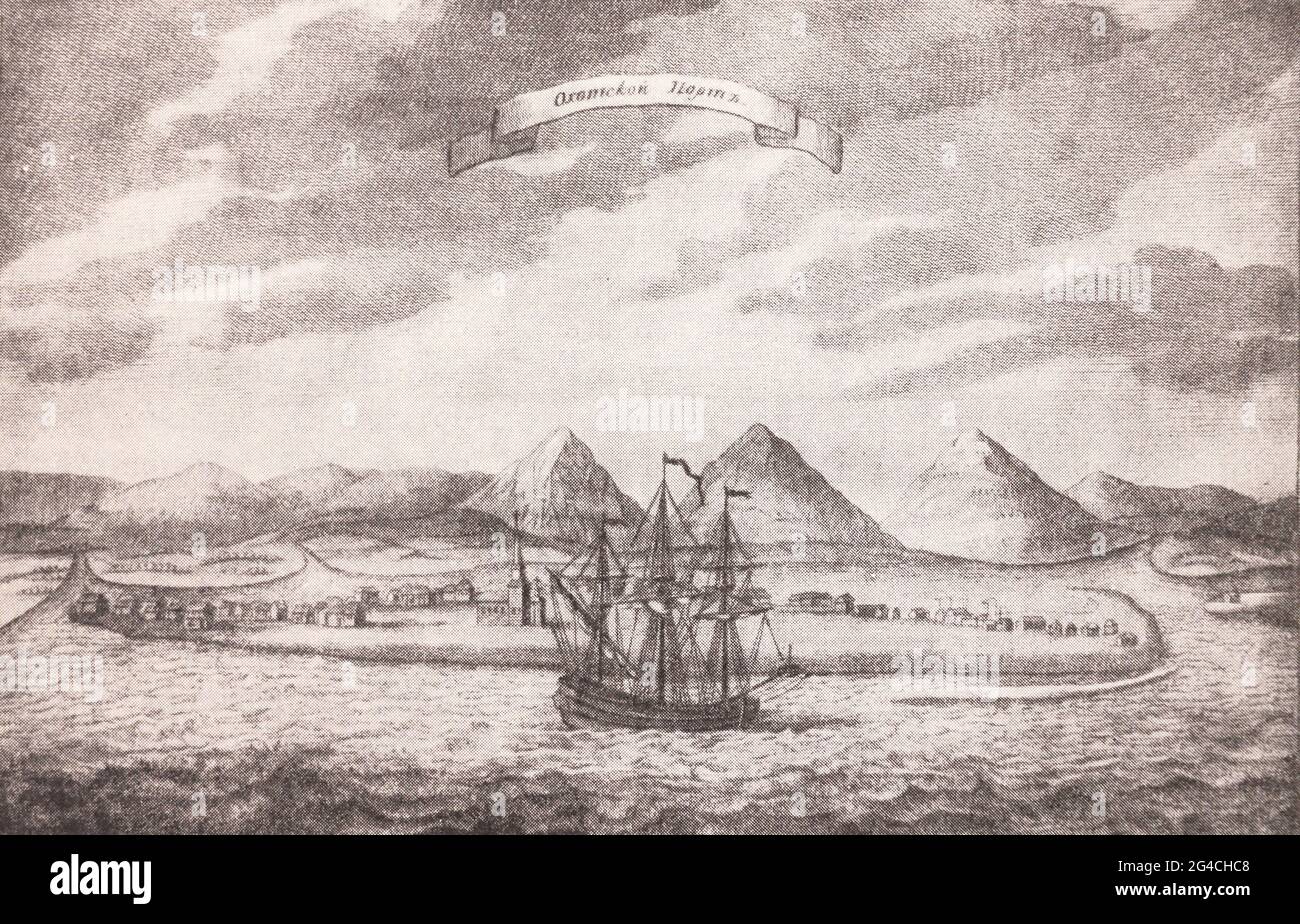 The port of Okhotsk. Engraving of 1755. Stock Photo