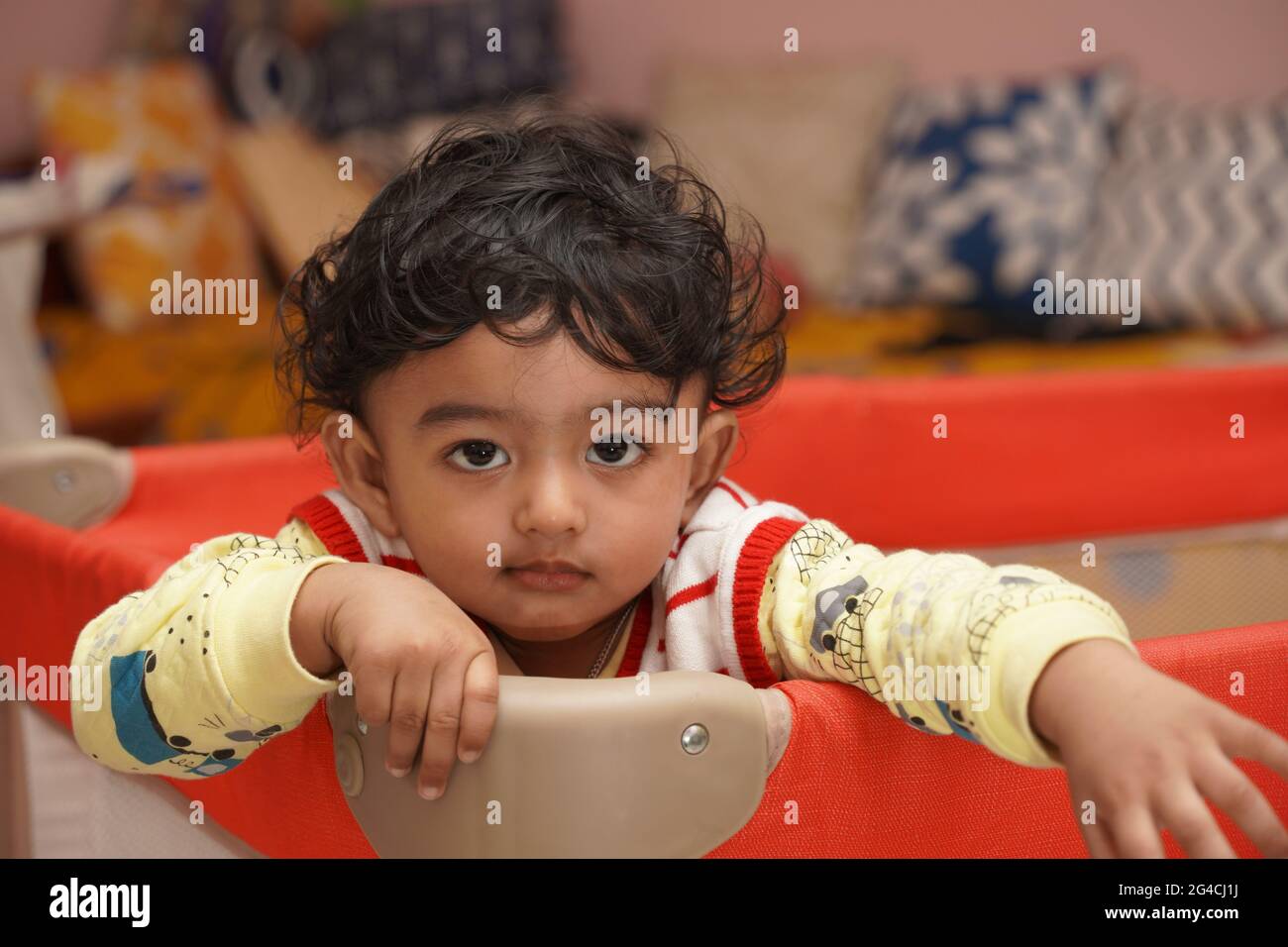 An Indian baby boy playing in his playpen Stock Photo Alamy