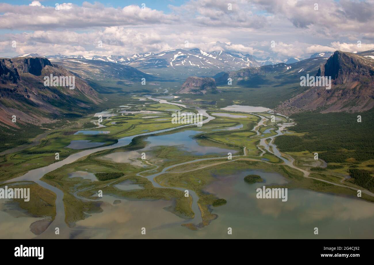 The view from a helicopter flying above Rapadalen valley, Sarek park, Swedish Lapland. Stock Photo