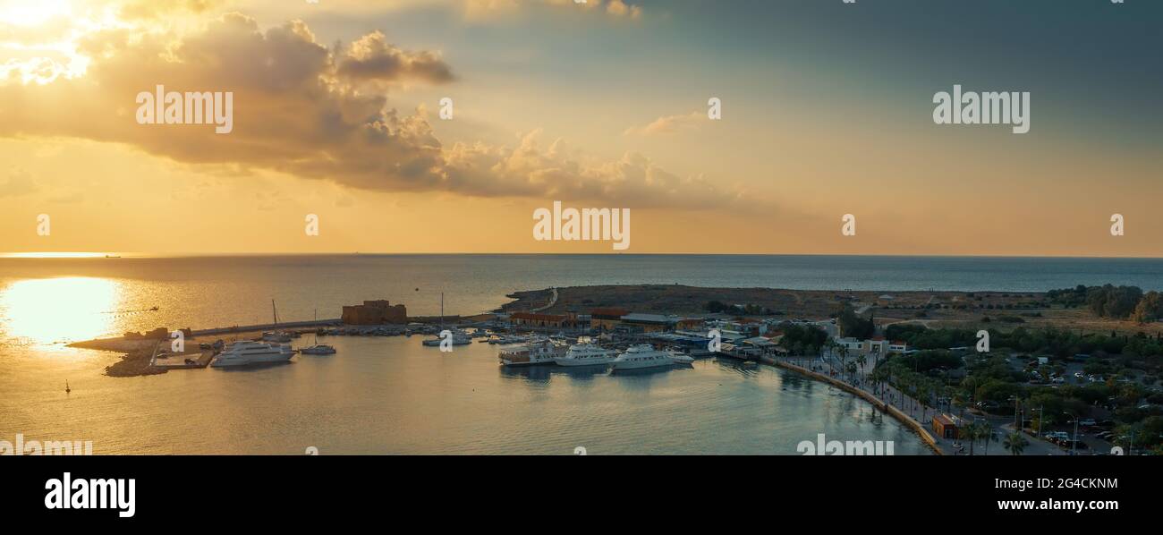 Aerial panorama of port with boats and yachts in harbour on Mediterranean coast, Cyprus. Stock Photo