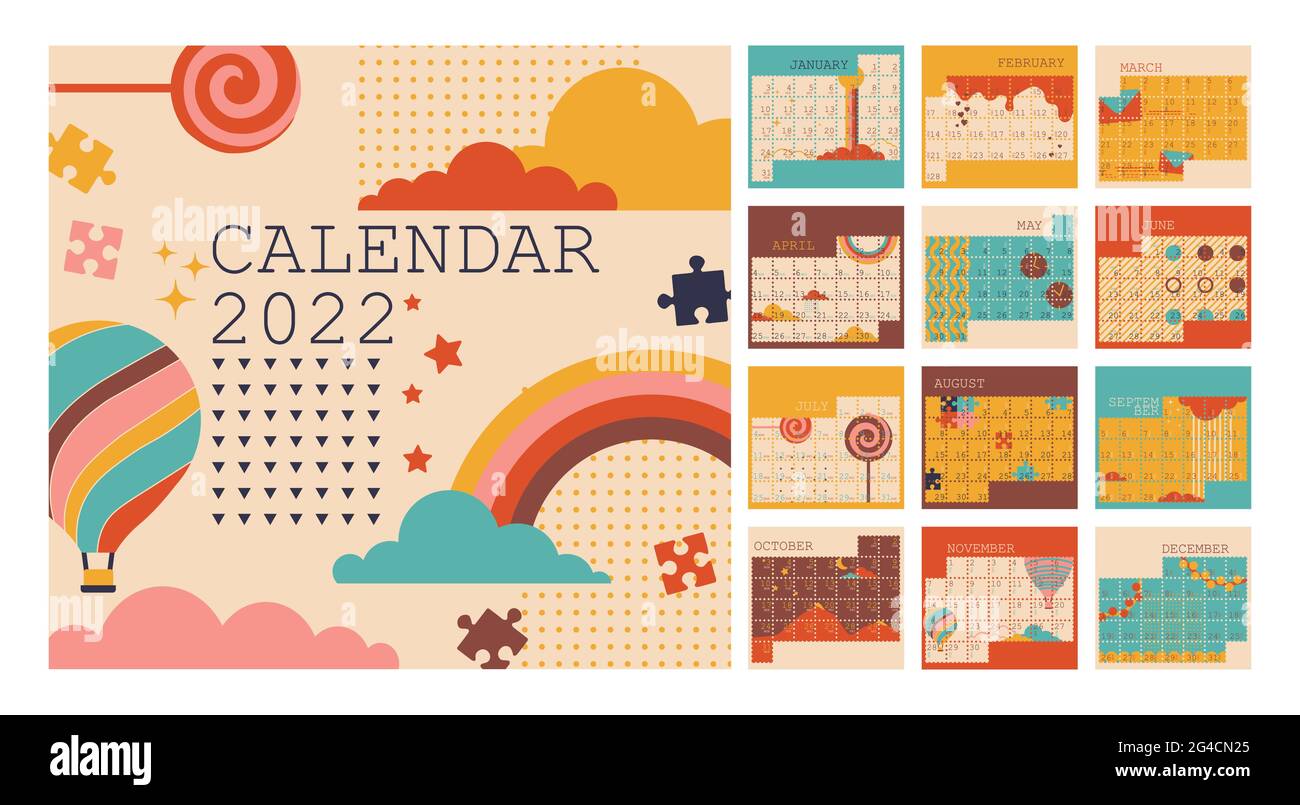 Calendar 2022, planner organizer, Monday week start, vertical layout, set for 12 months from January to December. Vector multicolored isolated Stock Vector