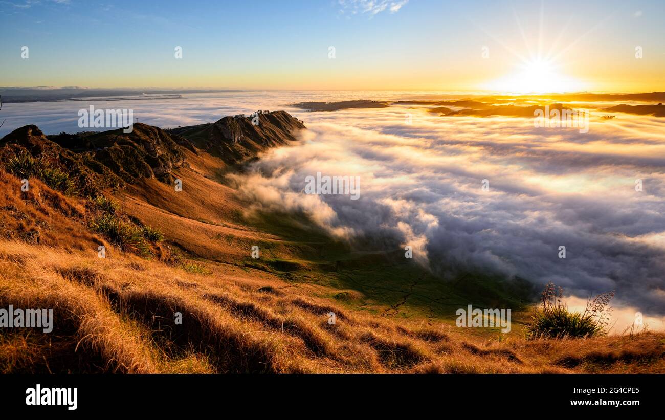 Sunrise And Morning Fog Te Mata Peak Hawke s Bay New Zealand Stock Sunrise And Morning Fog Te Mata Peak Hawke s Bay New Zealand Stock