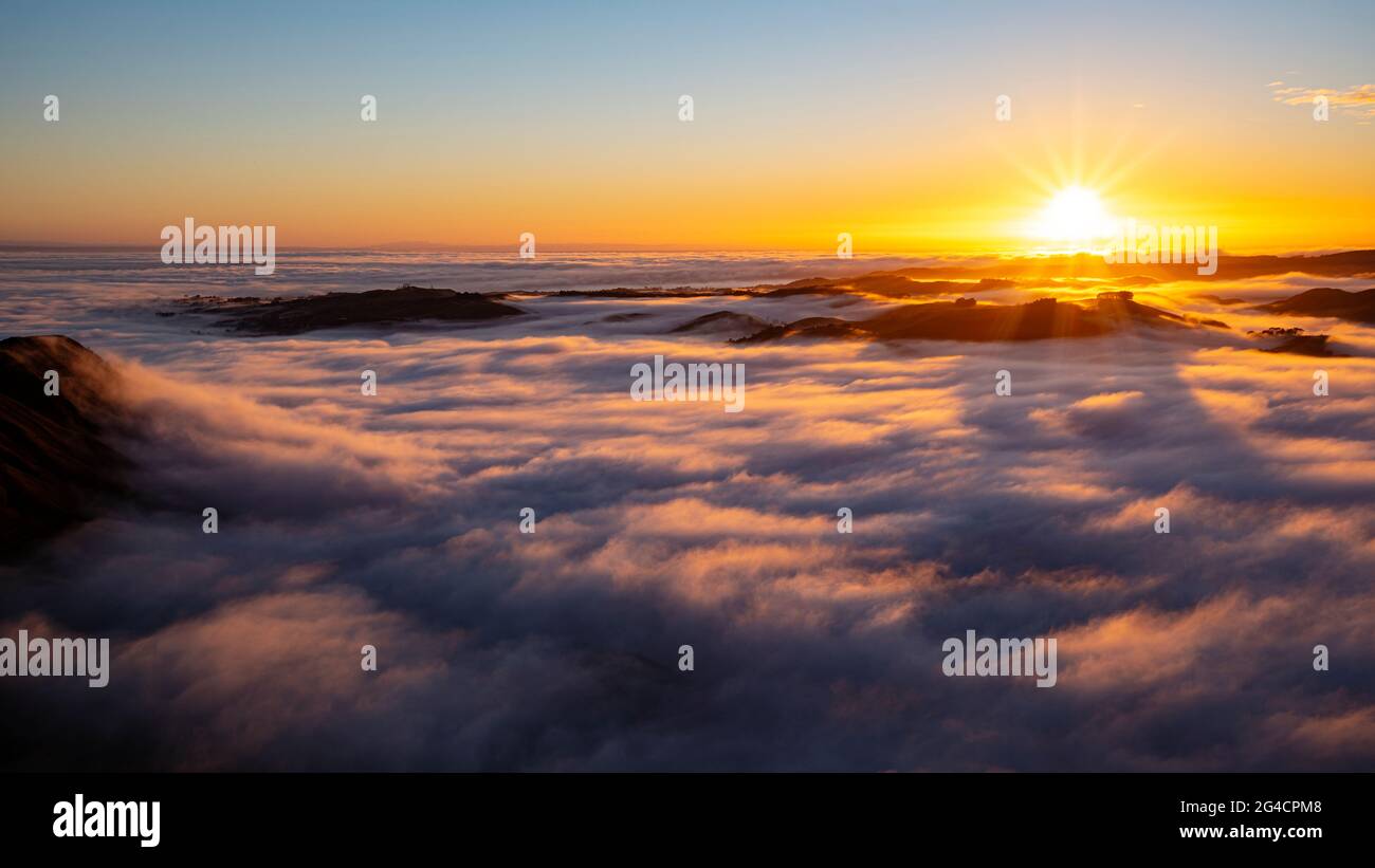 Sunrise and morning fog, Te Mata Peak, Hawke's Bay, New Zealand Stock Photo