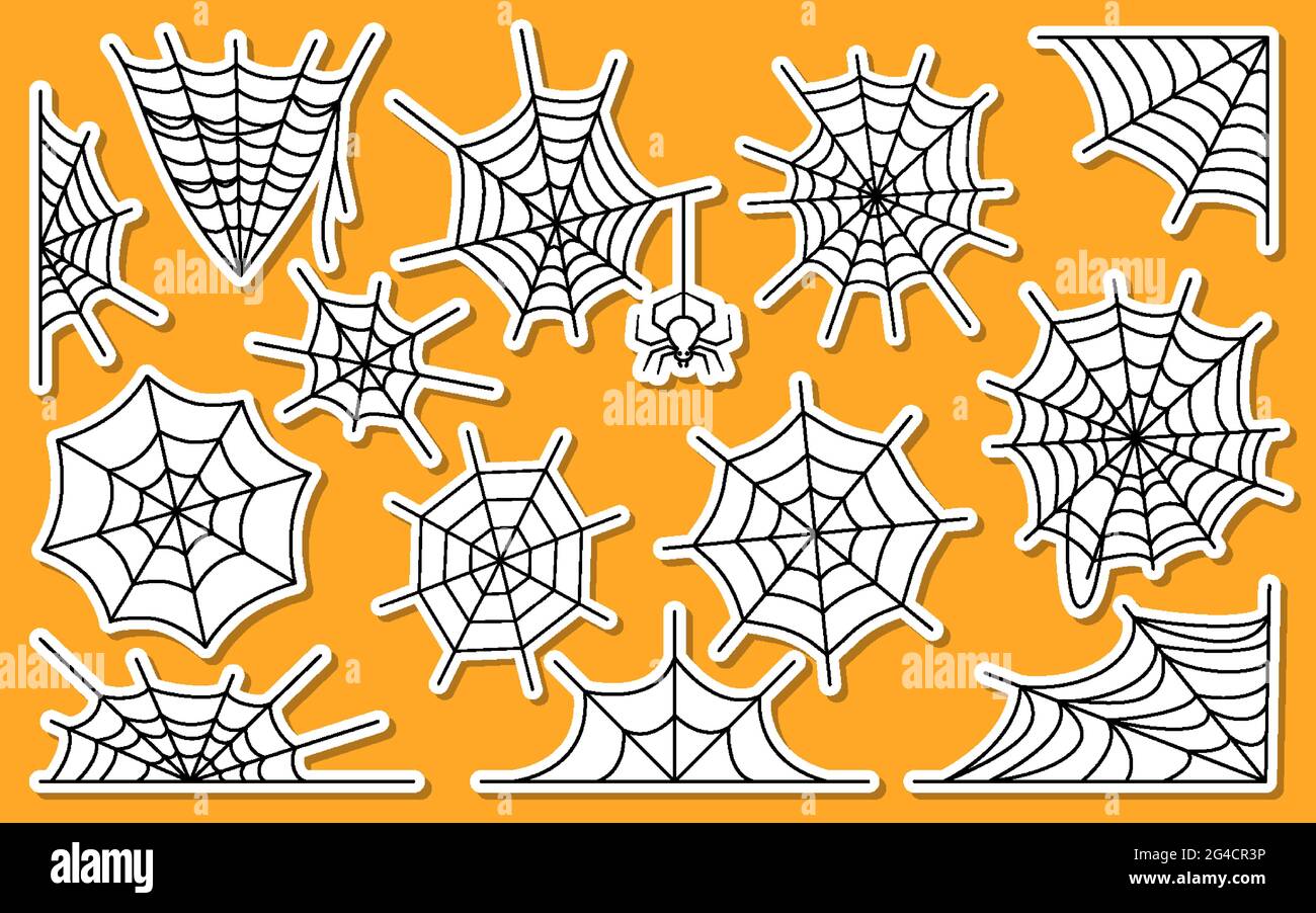 Spider web stickers cute set with white edging on orange isolated background. Stickers and label. Realistic and abstract condition. Symmetrical and uneven shapes. Vector flat. Horror halloween decor Stock Vector
