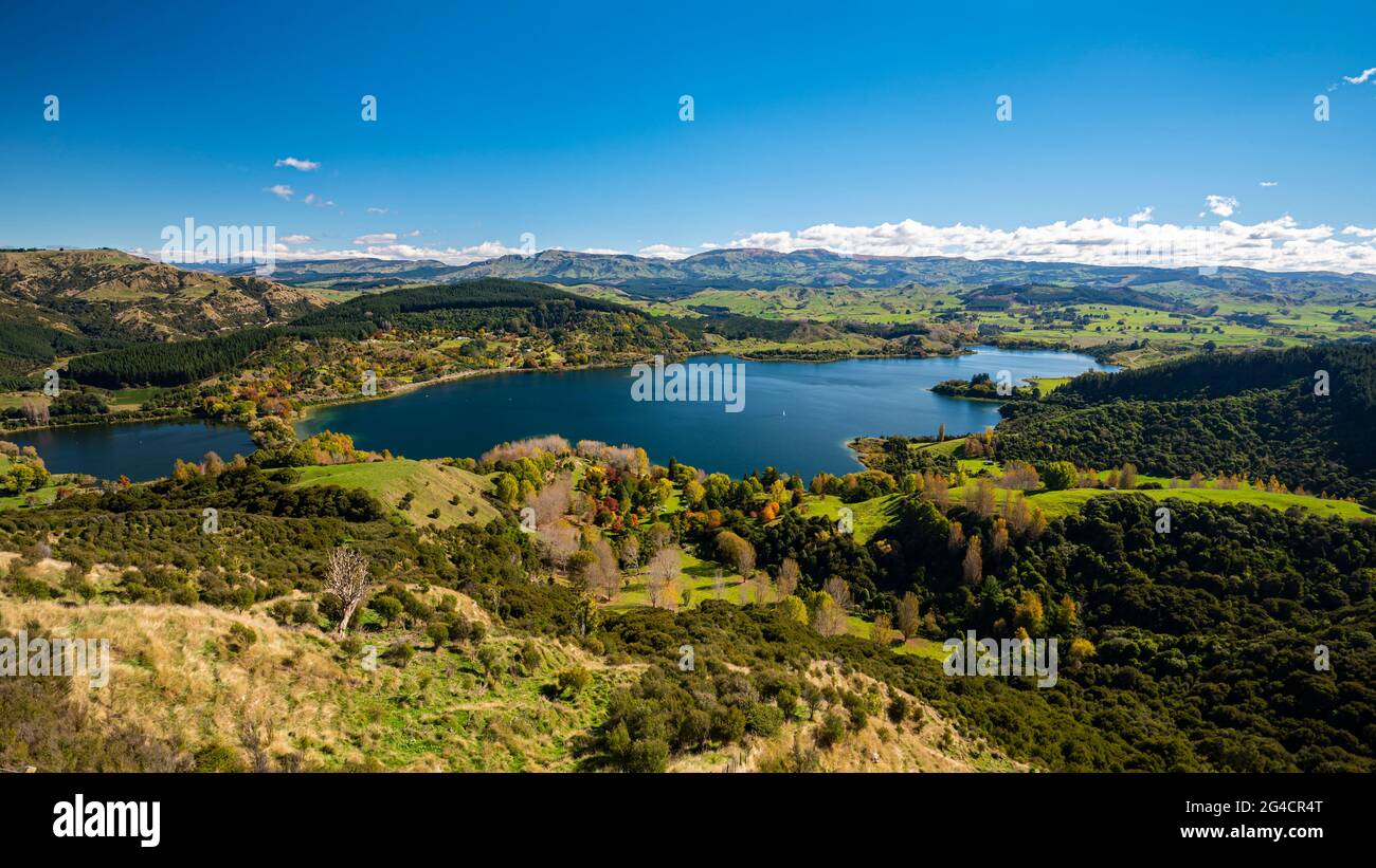 Panorama of Tutira Lake, Hawke's Bay, New Zealand Stock Photo