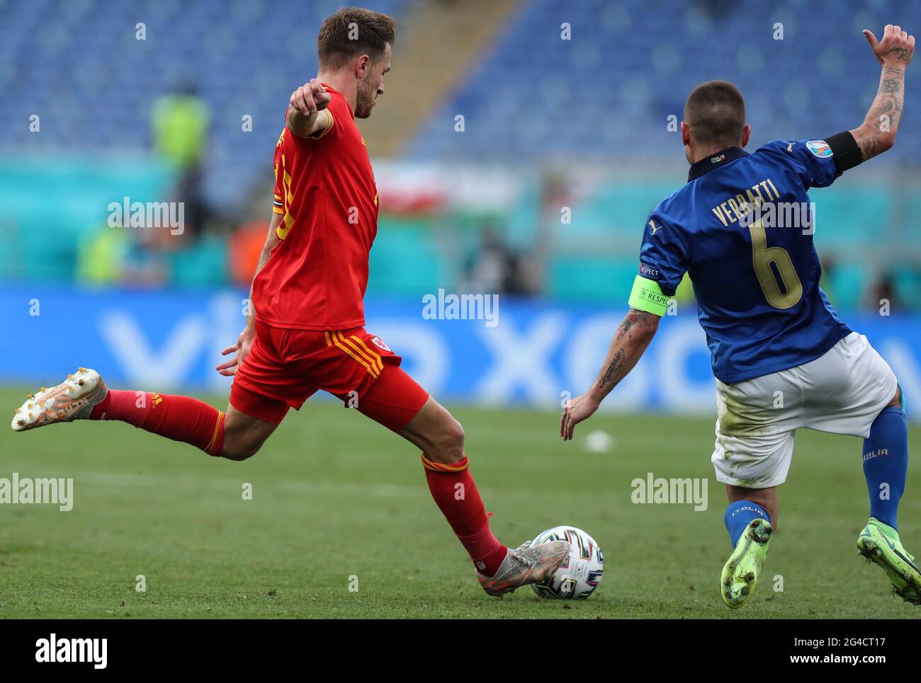 Rome. 20th June, 2021. Italy's Marco Verratti (R) vies with Wales' Aaron  Ramsey during the UEFA EURO 2020 Group A football match between Italy and  Wales at the Olympic Stadium in Rome