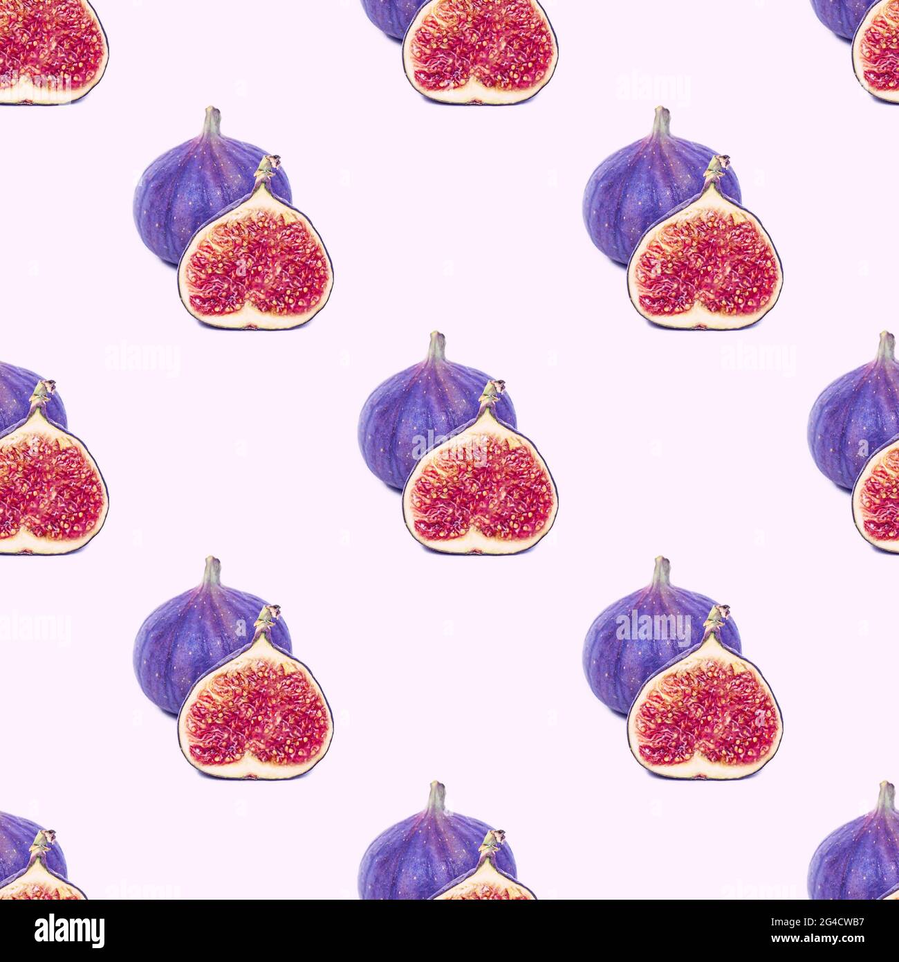 Blue and purple round fig fruit seamless pattern on light background. Stock Photo