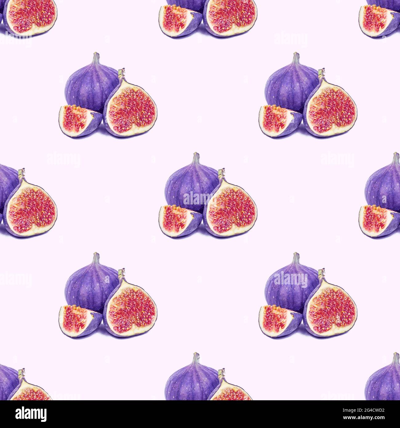 Blue and purple round fig fruit seamless pattern on light background. Stock Photo